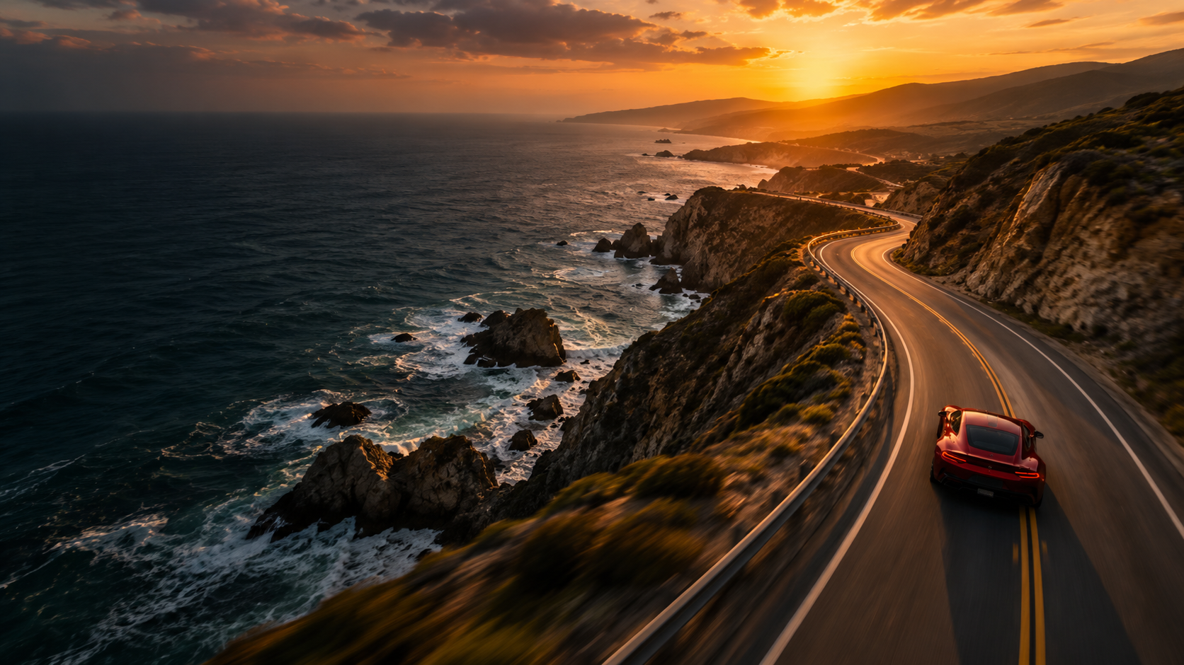 Cinematic view of a sports car on a coastal road at sunset